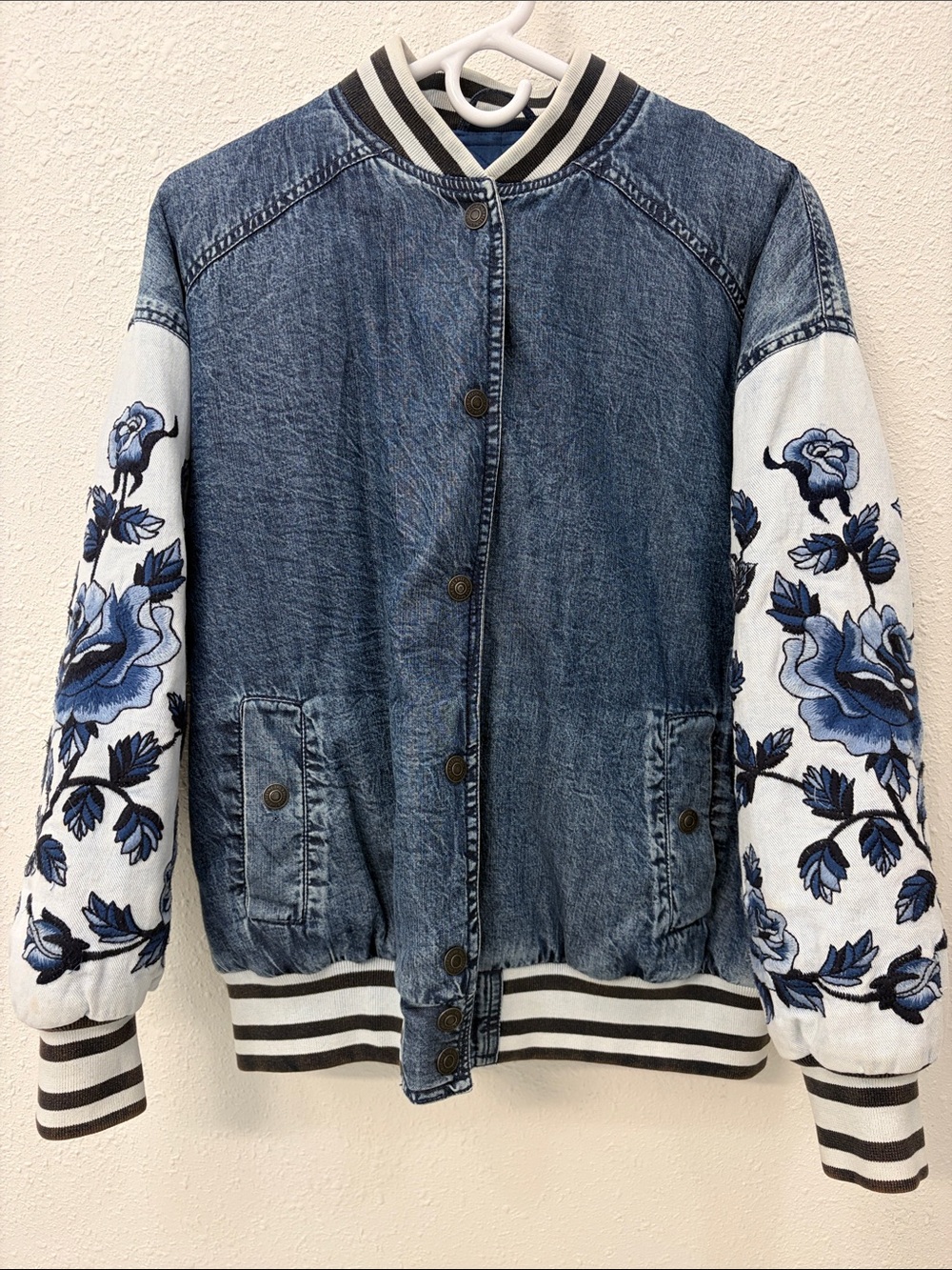 We The Free Denim Bomber Varsity Jacket with Embroidered Floral Sleeves